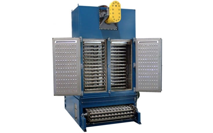Vertical curing oven with open doors