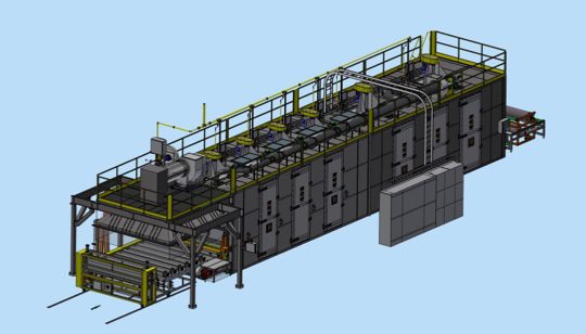 A CAD mockup of a continuous conveyor oven.